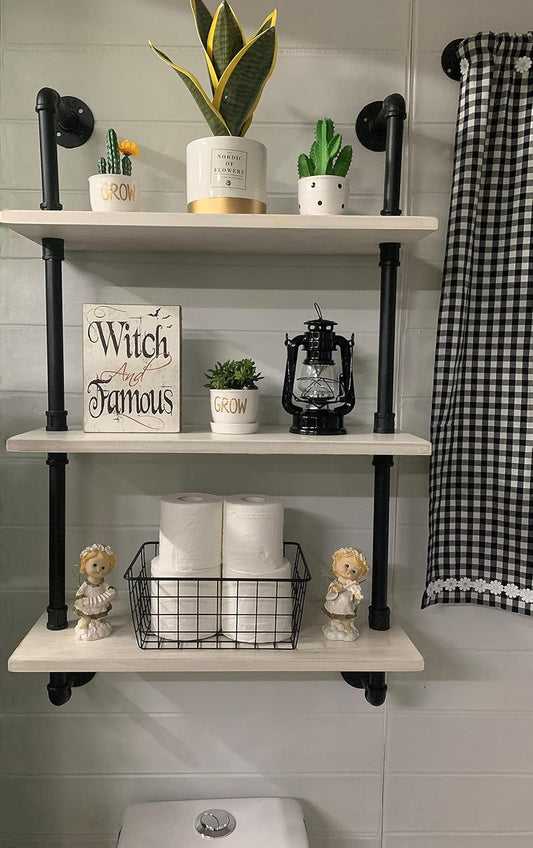 White Floating Shelves 24 inch Pipe Wall Shelves Bathroom Shelves Over Toilet with Wood Planks Industrial Pipe Floating