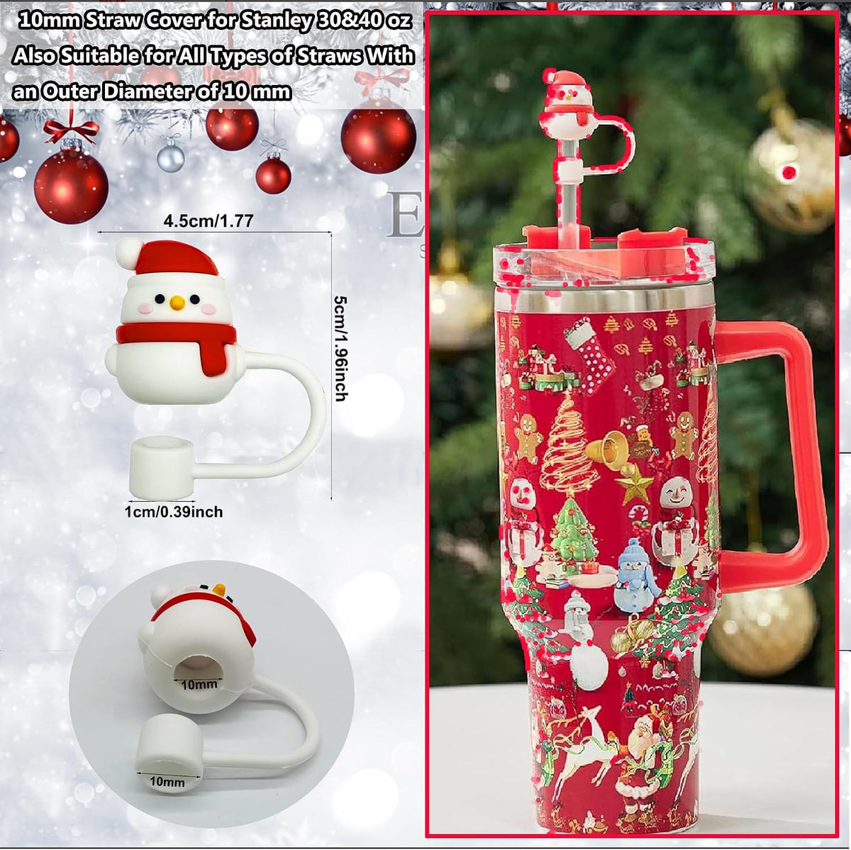 8PCS Christmas Straw Toppers for Stanley Cup Holiday Straw Cover for Stanley 30oz &amp; 40oz Tumbler with Handle,10 mm Silicone Straws Topper Cap for Party Favor