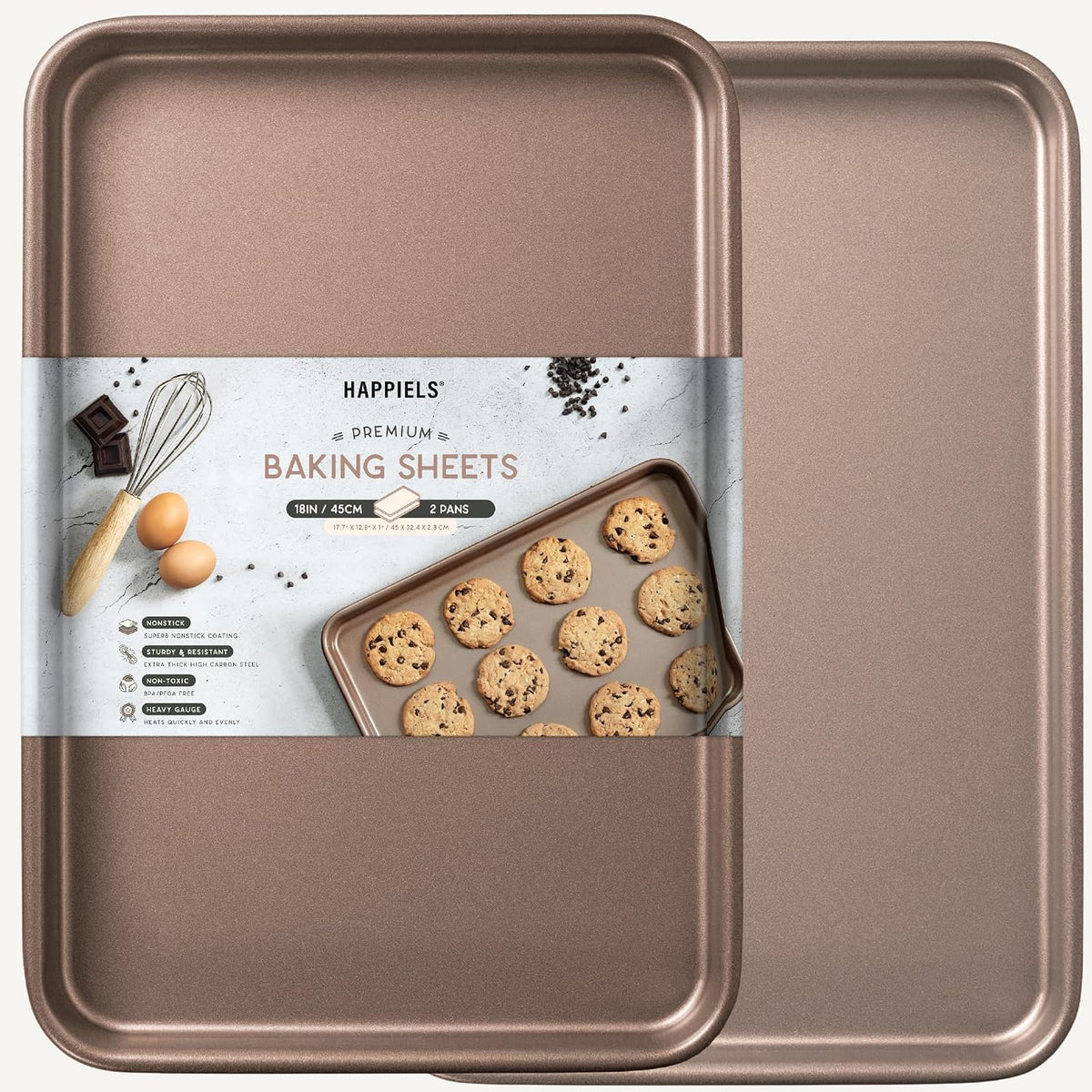 Nonstick Baking Sheet Set of 2 | PFOA &amp; BPA Free Non Toxic Carbon Steel Cookie Sheets | Best Non Stick Oven Cooking Pans &amp; Half Sheet Pan | Best Nontoxic Baking Trays 18 Inch | | Non-Toxic - High Carbon Steel - Gold - Cookie Baking Sheets for Oven