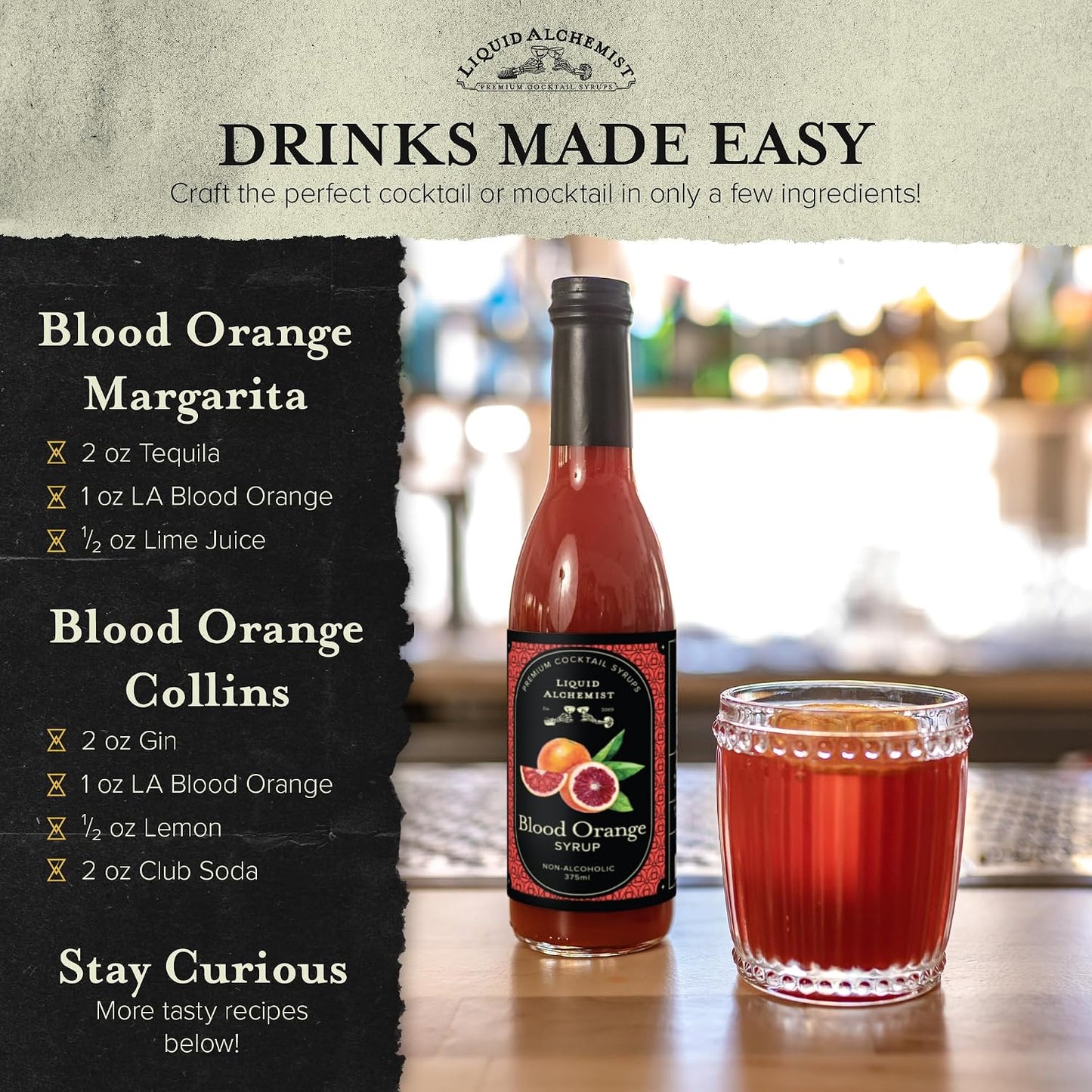 Liquid Alchemist Blood Orange Syrup for Cocktails - Real Ingredients Make our Blood Orange Puree a Perfect Margarita Mixer - Small Batch, Non-GMO, Vegan Drink Mixer | 12.7 Oz, Pack of 1