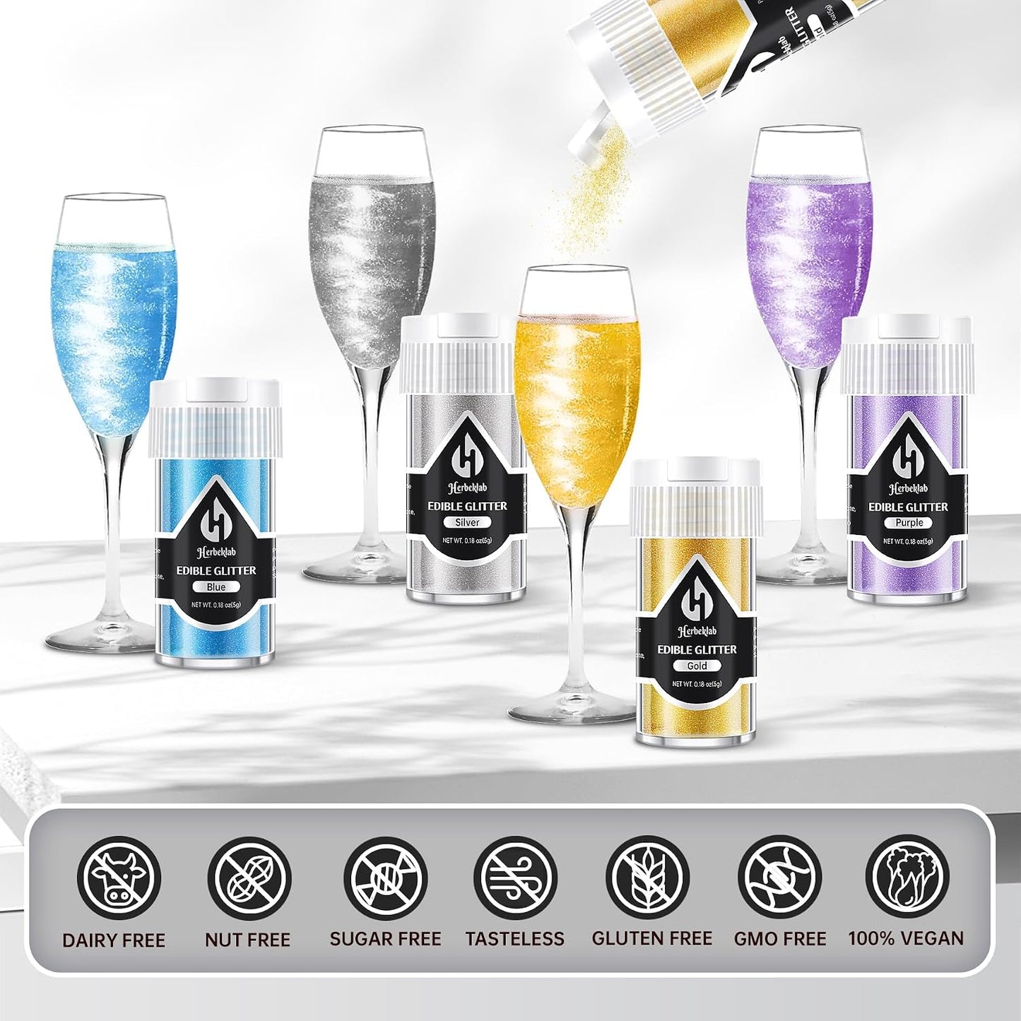 Edible Glitter – 12 Colors Luster Dust Drink Glitter, Food Grade Cocktail Shimmer Powder for Beverages, Cakes, Chocolate &amp; Candy, 5g/Bottle, Christmas Holiday Festive Baking Decoration
