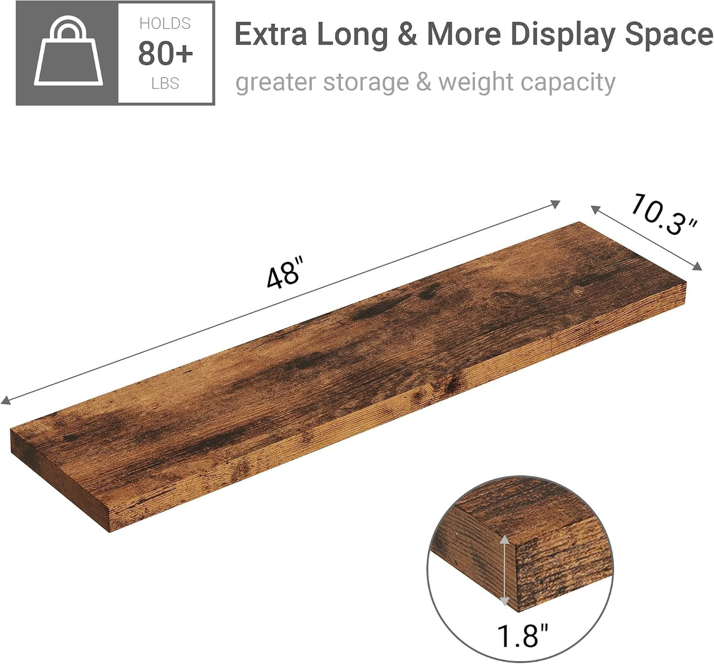 Vivelove Single Floating Shelves 48x10” Set of 1, Rustic Brown