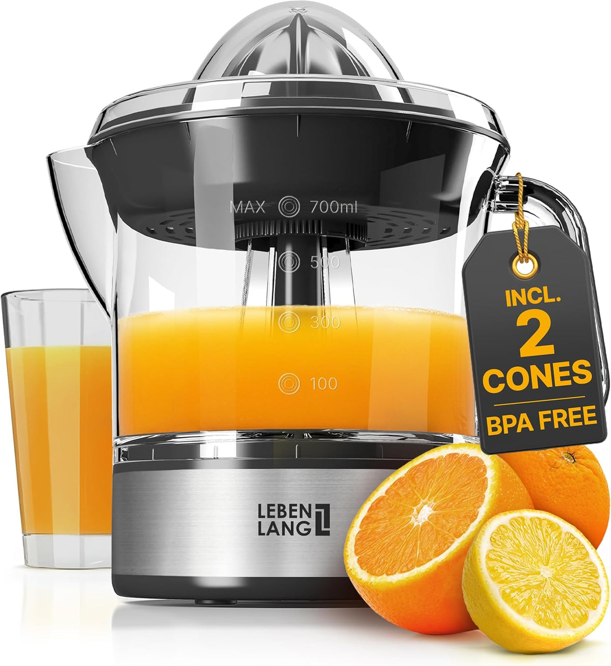Electric Citrus juicer - 2 cones & BPA-free I High juice yield & Large Volume I 24oz Orange juicer squeezer I Esprimidoras electrico Exprimidor de limones y jugo naranjas for Juicers Machine