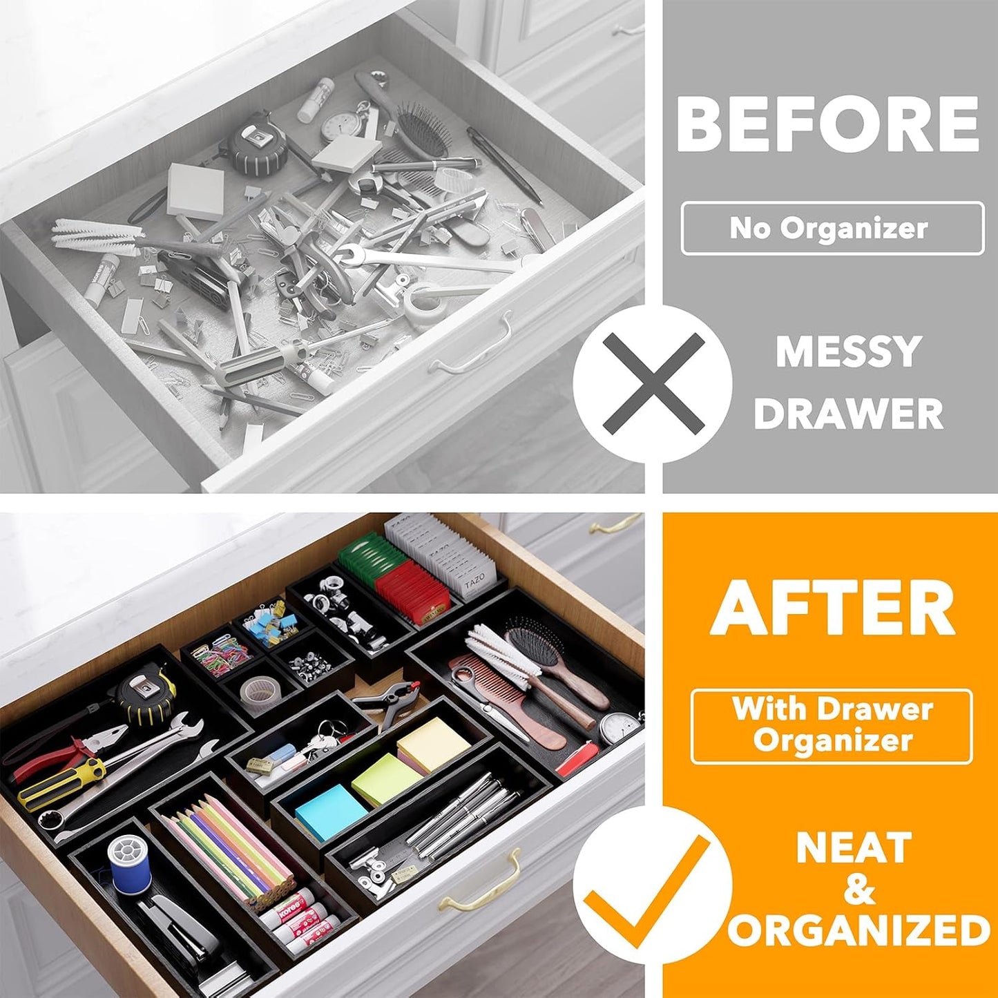 SpaceAid 14-Piece Bamboo Drawer Organizer Storage Boxes Set, Wood Tray Junk Drawer Organizers Multi-Use Divider Bins for Kitchen, Bathroom, Office Desk and Makeup Organization (14 Pack, Black)