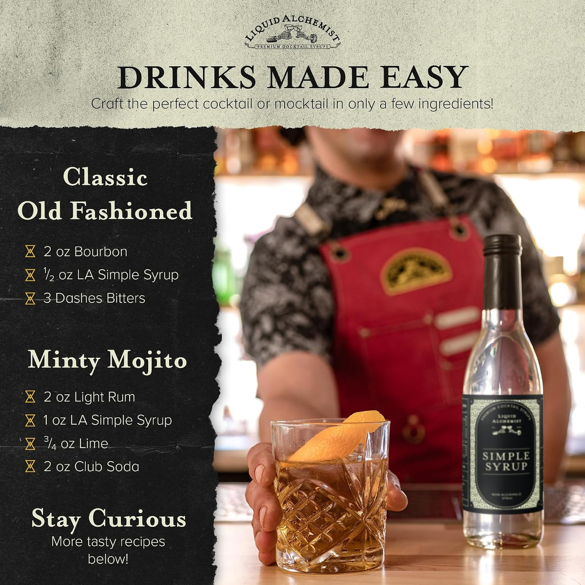 Liquid Alchemist Simple Syrup for Cocktails - Real Ingredients Make our Simple Sugar Syrup the Perfect Old Fashioned Mix - Our Drink Mix is Non-GMO Gluten Free &amp; Vegan (25.4 oz)