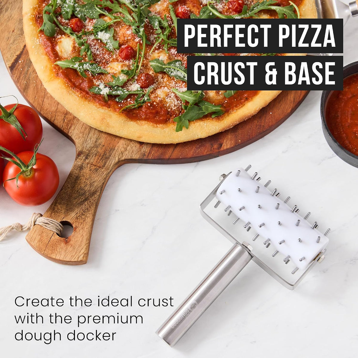 Chef Pomodoro Dough Docker, Pizza Roller, Pizza Dough Roller 7mm Spikes | Ergonomic Handle,Rust-Resistant Pizza Dough Docker Roller with Precision Pizza Roller Spikes for Cracker and Pizza Dough