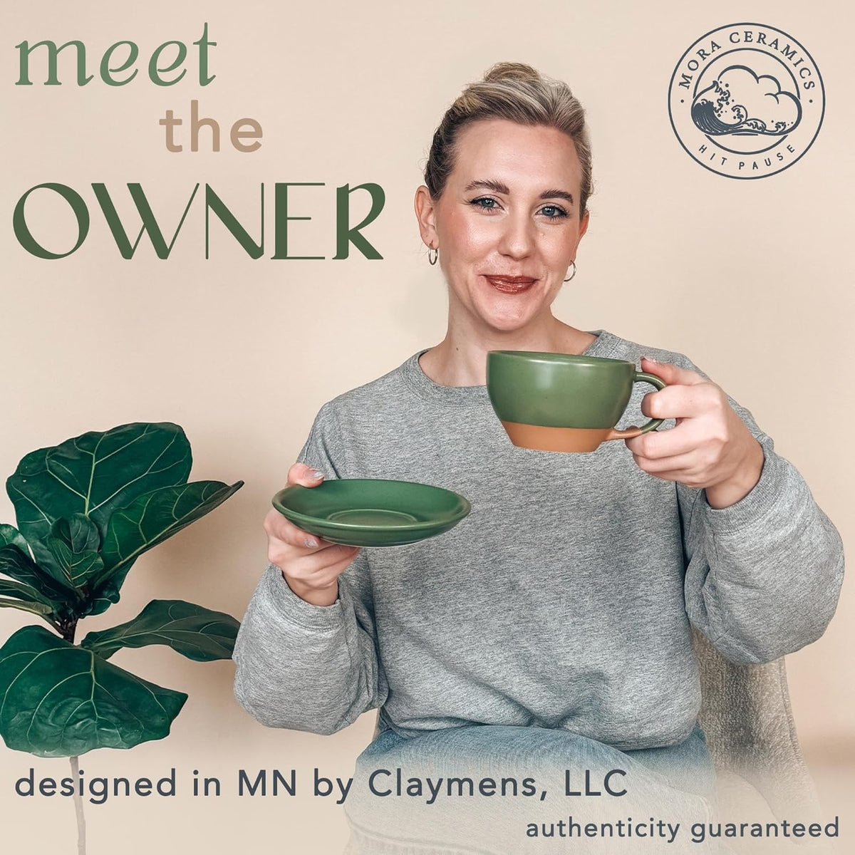 Mora Ceramic Latte Art Mug With Saucer - 10.5 oz, Round Bottom For Perfect Pours - Cafe Cups for Cappuccino, Espresso, Coffee, Tea etc - Porcelain Set for Baristas, Great Gift - Moss Green