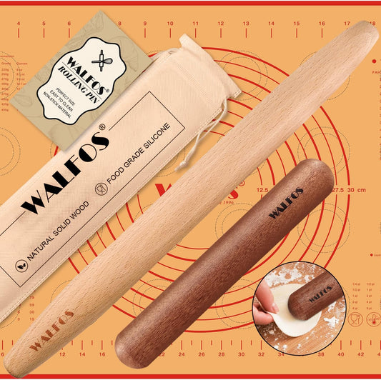 Walfos French Rolling Pin Set - Natural Wooden Rolling Pins (8inch, 15.7inch) With Non-stick Silicone Fiber Pastry Mat,