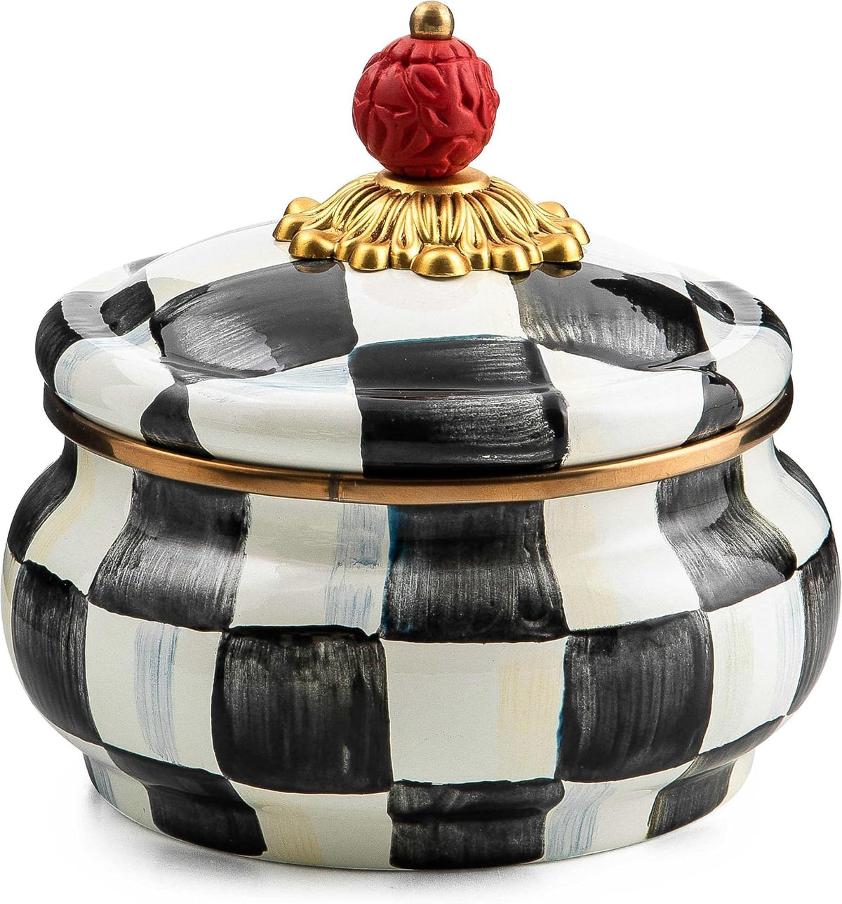 MACKENZIE-CHILDS Enamel Squashed Pot, Black-and-White Courtly Check | Hand-painted design, decorative container with lid, made from enameled steel, 5" dia. x 5.5" H, 20-ounce capacity