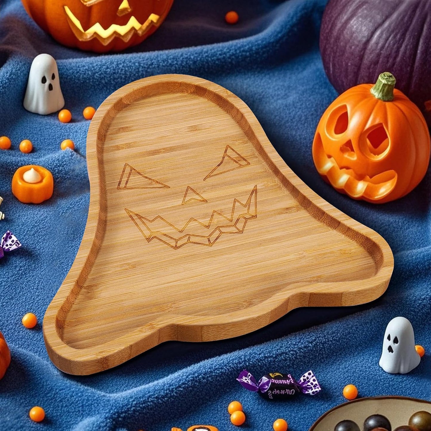 TJ POP Ghost Serving Tray - Spooky Ghost Shaped Bamboo Serving Platter, Festive Wooden Charcuterie Board, Snack Cheese Dish Plate for Candy, Treats, Drinks &amp; Holiday Party Decor (10" x 9")
