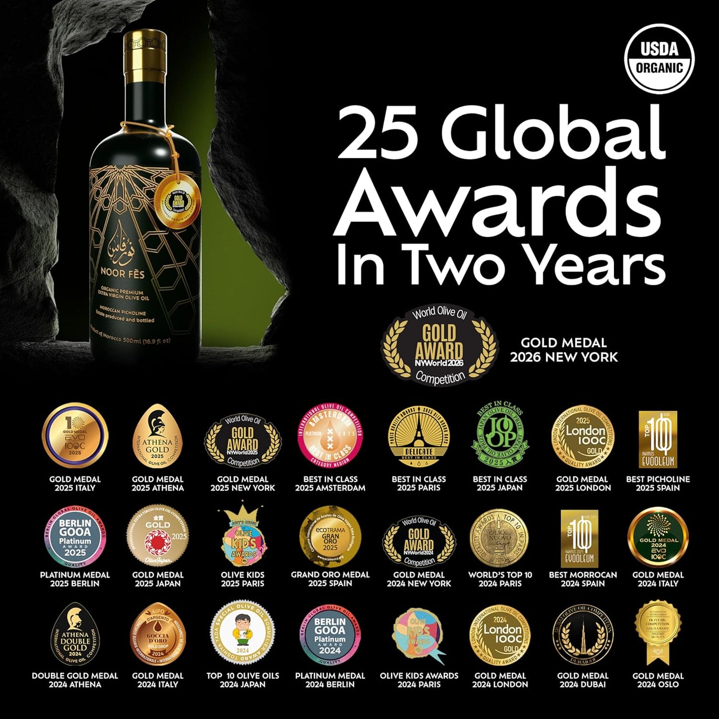 NOOR FÈS 20+ Awards EVOO | Polyphenol Rich 584 mg/kg | USDA Organic Extra Virgin Olive Oil | Moroccan Picholine | Cold Extracted Olive Oil | Great Gift for Chefs | 17 Oz.