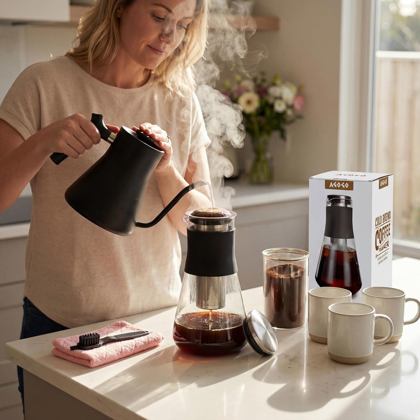 AGOGO 54oz Glass Coffee Maker &amp; Pitcher for Iced Tea &amp; Fruit Infusions | Thermal-resistant borosilicate, removable metal filter, and anti-scald grip for family breakfasts, office sharing, or gifts