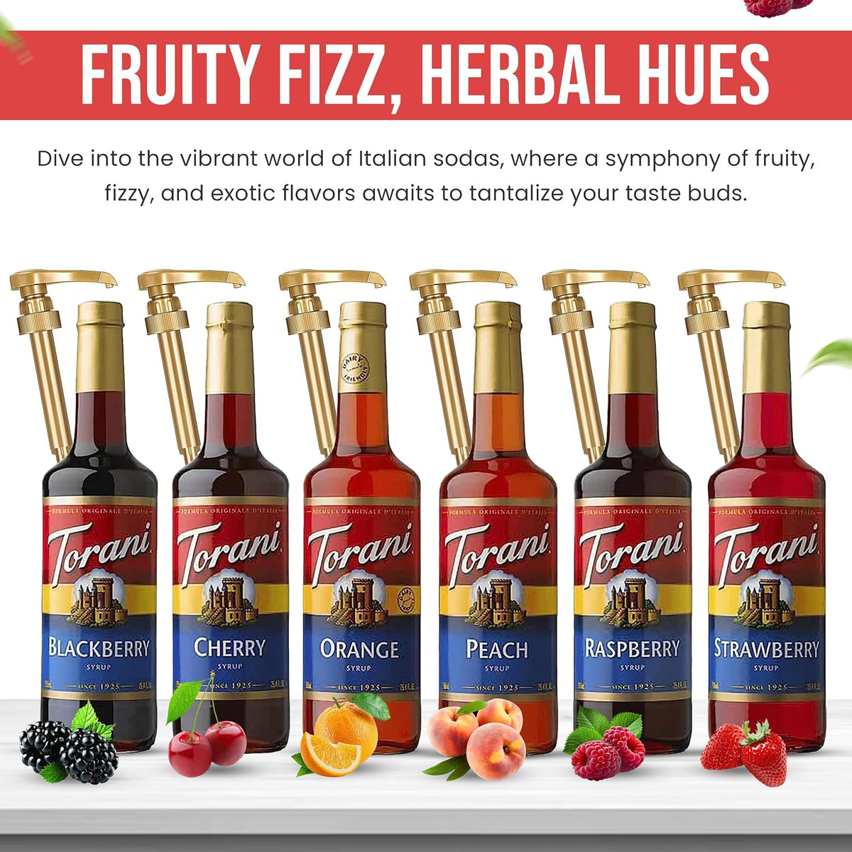 Jimoco Syrup Pump & Torani Syrup Bundle - Fruit Bowl Syrup 6 Pack Summer Flavors, Raspberry, Strawberry, Blackberry, Cherry,