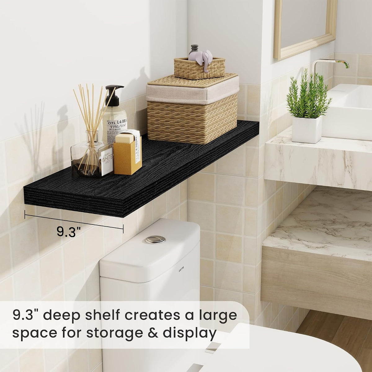 Fun Memories 36 Inch Floating Shelves, 9.3 Inch Deep Rustic Wall Shelves - Extra Deeper Wall Mounted Storage Shelves for Bathroom, Kitchen, Living Room (Black, Set of 2)