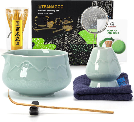TEANAGOO 7 Pcs Matcha Whisk Set Blue, Ceramic Matcha Set, Matcha Kit for Ceremony, Matcha Tea Set for Making Breakfast/Latte, Tradition Whisk Set and Bowl with Scoop&amp;Sifter, Gift for Friend/Family