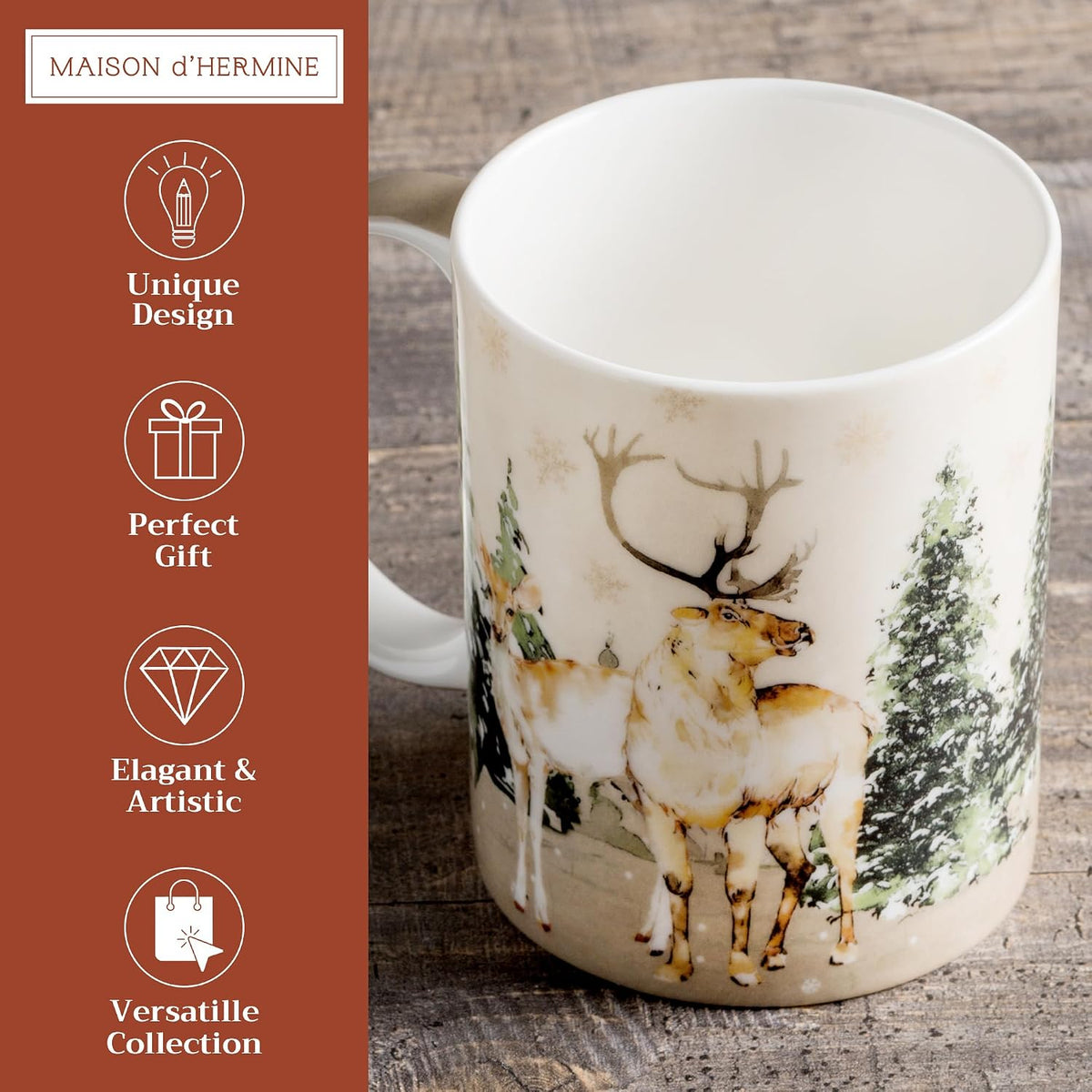 Maison d' Hermine Coffee Mug with Handles Tea Cups (12 Ounce, Pack of 1) | Fine Bone China Coffee Mugs for Hot Beverages Cappuccino Latte Home Hotel Spring Summer -Deer In The Woods - Forest Deer