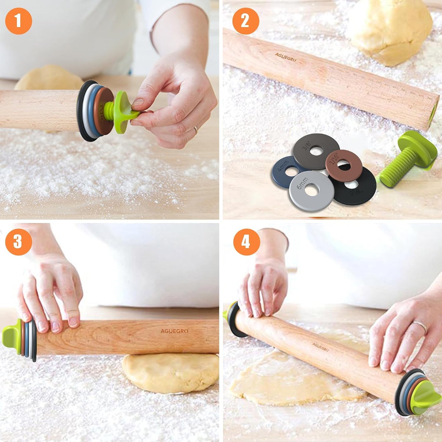 Adjustable Rolling Pin with 4 Thickness Rings &amp;Pastry Mat For Baking Dough | 13.6''Wooden Dough Roller with Precision Measuring Rings For Cookie Pizza Fondant PieCrust Pastry Making At Home or Pro Baker