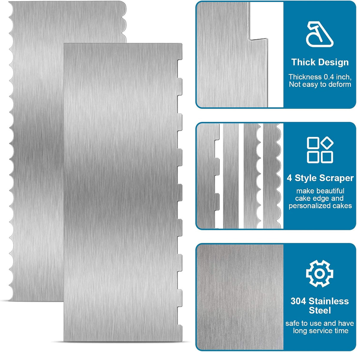 2 Pcs 9 in Double Sided Comb Stainless Steel Cake Scraper Smoother | Double Sided Patterned stripe edge and smooth edge, for cream decorating, metal comb scraper
