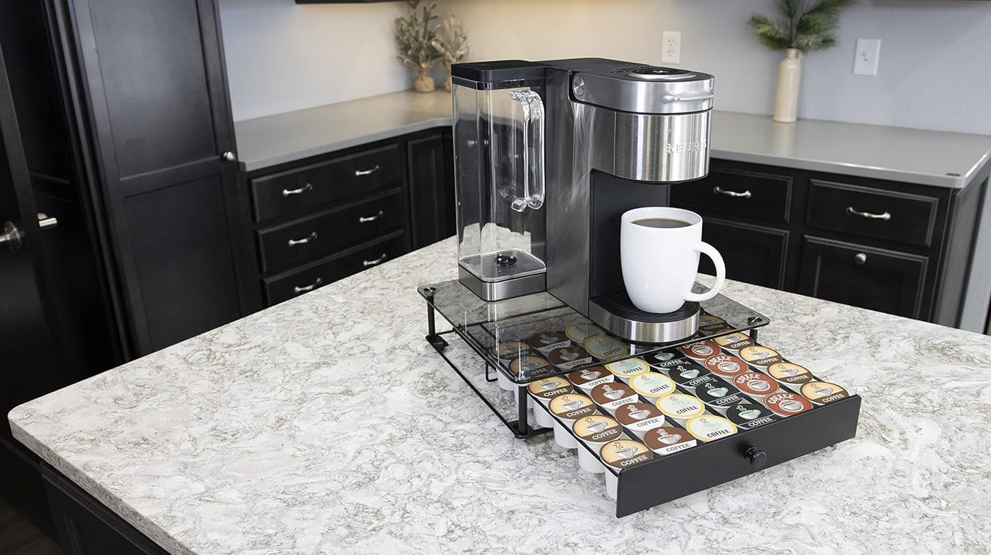 Nifty Rolling Coffee Pod Drawer – Tempered Glass, Black, Compatible with K-Cups, 36 Pod Pack Holder, Compact Under Coffee Pot Storage Drawer, Slim Home Kitchen Counter Organizer