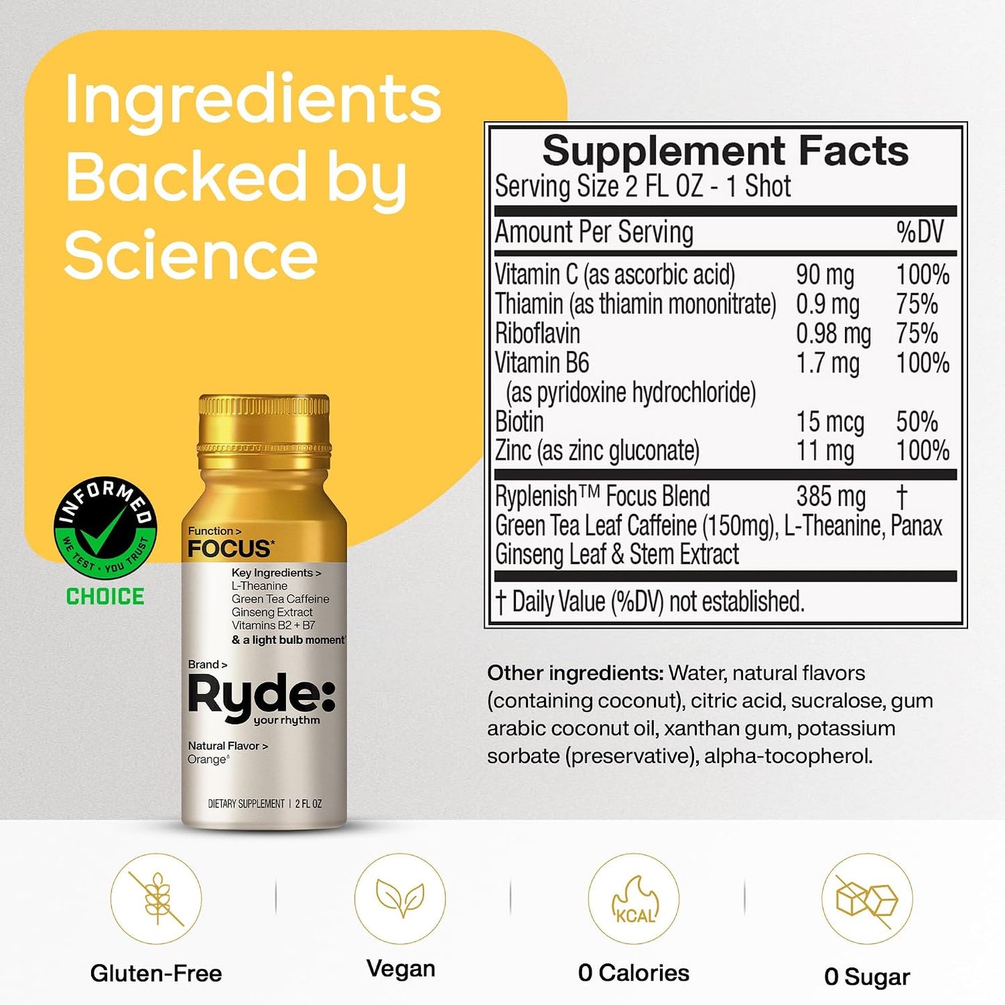 RYDE Focus Energy Shot, Orange Flavor, Zero Sugar, 2 fl oz, 24 Pack | mental clarity; study support; workday alertness; daily focus supply