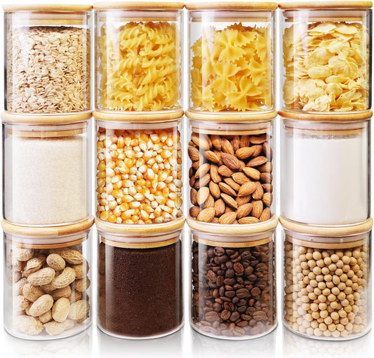 Glass Jars with Bamboo Lids 17 FL OZ [Set of 12], Glass Canisters with Airtight Lids, Glass Food Storage Containers for