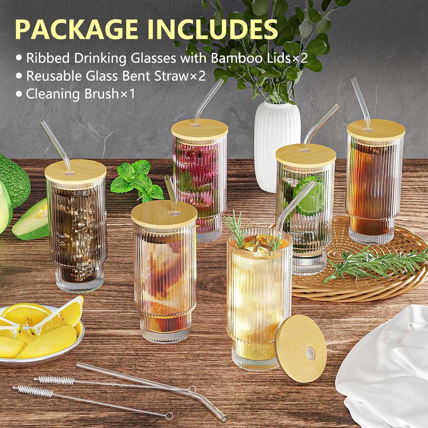 CWHHRN 16OZ Glass Cups with Lids and Straws, Vintage Glassware for Whiskey Cocktail Beer, Iced Coffee Cups with Lid, Glass Tumbler with Straw and Lid (2 PACK)