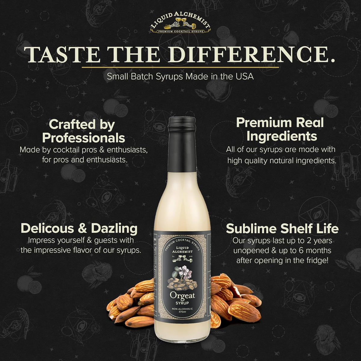 Liquid Alchemist Orgeat Syrup for Cocktails | Real Ingredients Make Our Almond Orgeat Syrup for Drinks the Perfect Mai Tai Mix | Small Batch, Non-GMO &amp; Vegan | 12.7 oz Drink Mixer, Pack of 1