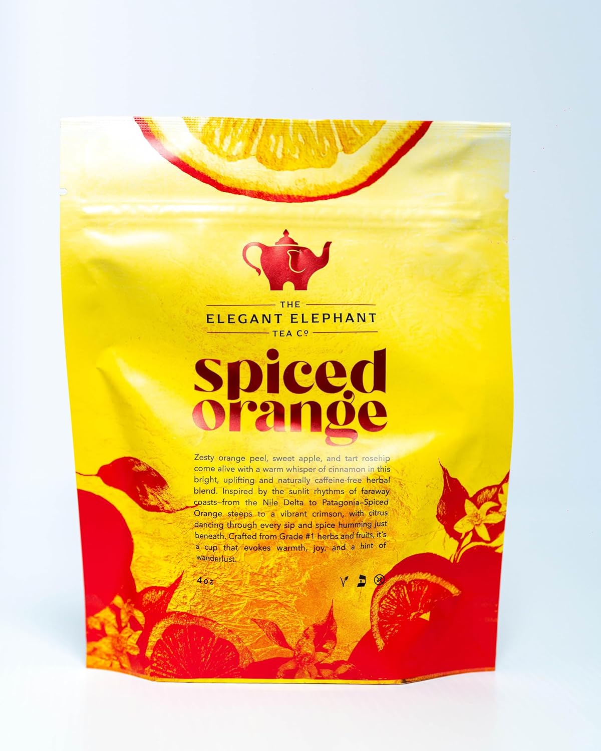 Spiced Orange Tea, Loose Leaf Herbal Tea – Sweet, Spicy, Caffeine-Free – Orange, Apple &amp; Cinnamon Spice – Drink Hot or Iced – 4 oz Resealable Bag (Makes 50 Cups) – The Elegant Elephant