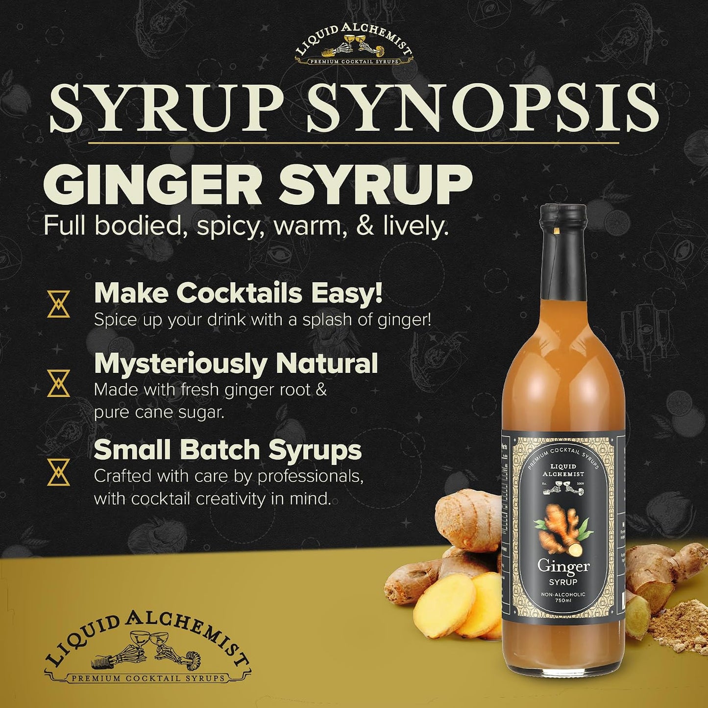 Liquid Alchemist Ginger Syrup for Cocktails | Real Ingredients Make our Liquid Ginger Puree for Cocktails the Perfect Moscow Mule Syrup | Small Batch, Non-GMO &amp; Vegan | 25.4 oz Drink Mixer, Pack of 1