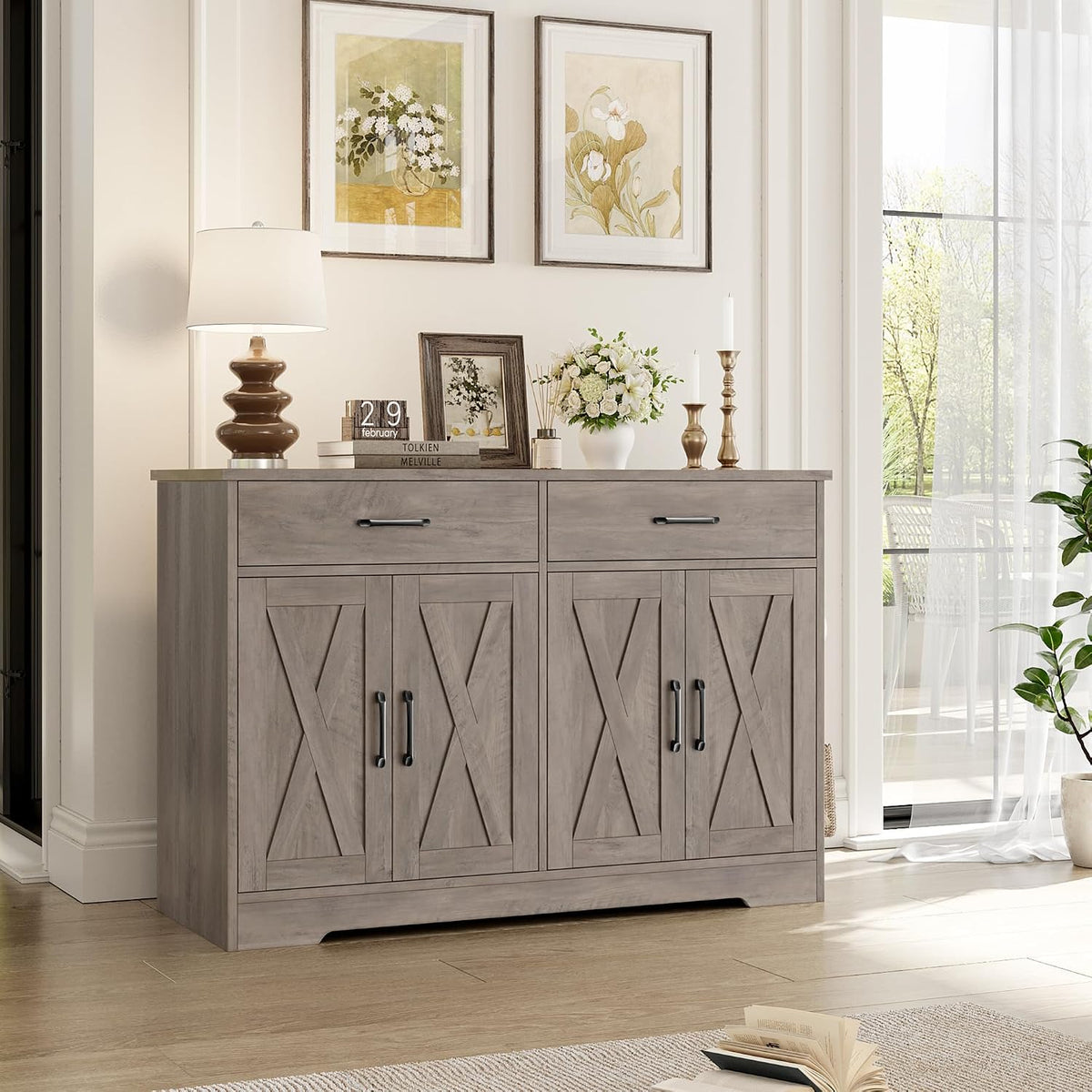 HOSTACK 47" W Kitchen Sideboard Buffet Cabinet with Storage Drawers, Grey