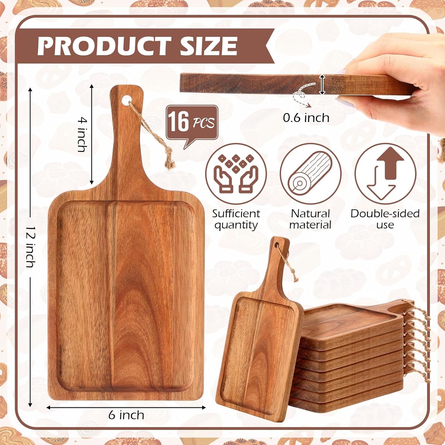 Tanlade 16 Pcs Acacia Wood Cutting Boards, 12x6 Inch, Rounded Rectangle | Charcuterie Platter Bulk Decorative Pizza Bread Cheese Fruit Serving Tray Chopping Boards for Kitchen Counter Table Christmas