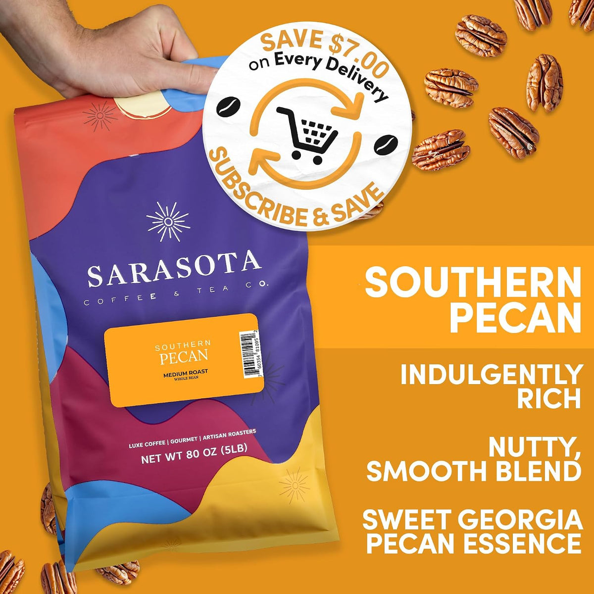 Sarasota Coffee Whole Bean Southern Texas Butter Pecan | Medium Roast Gourmet Flavored Coffee Beans | Low Acid, Mold Free, Specialty Grade Bulk Beans | 5lb (80 oz)