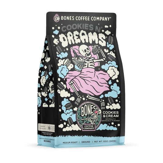 Bones Coffee Company Cookies 'N Dreams Cookies and Cream Flavored Coffee, Medium Roast Low Acid Arabica Beans Compatible