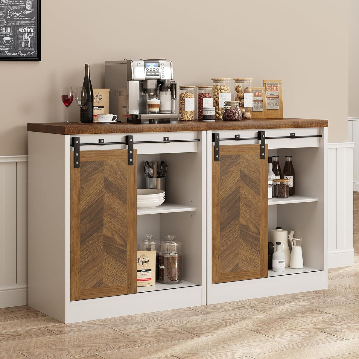 Catrimown Farmhouse Small Coffee Bar Cabinet with Storage, White Coffee Bar Table with Sliding Barn Door, Adjustable Shelves, Bar Cabinet for Kitchen, Dining Living Room, 1 Pack