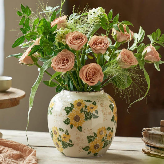 Round Pastoral Ceramic Vase, 6.3 Inch Chinoiserie Sunflower Yellow Floral Vases, Retro Ice Cracked Rustic Antique Flower