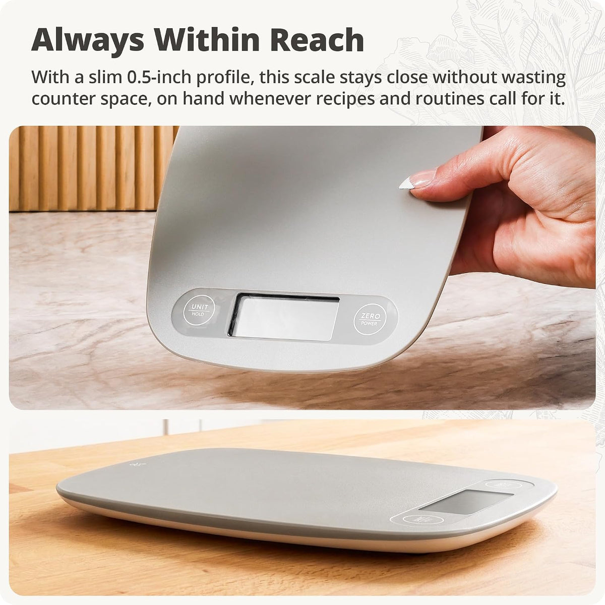 Greater Goods Food Scale, Slim &amp; Compact Build, 1g Precision (Ash Gray) | Digital Kitchen Scale for Cooking, Meal Prep &amp; Portion Control, Tare, Auto Shut-Off, g/oz/lb/ml Conversion &amp; Calorie Tracking