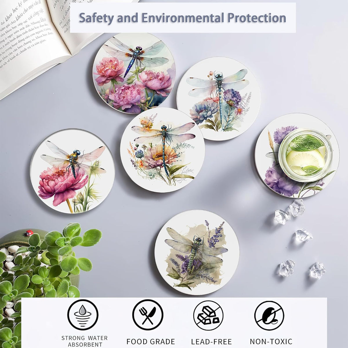 Coaster for Drinks Set of 6, Dragonfly Flower Absorbing Round Ceramic Stone Coaster with Cork Base,Tabletop Protection Mat for Mugs and Cups,Coffee Table Wine Glass Home Bar 4 Inch