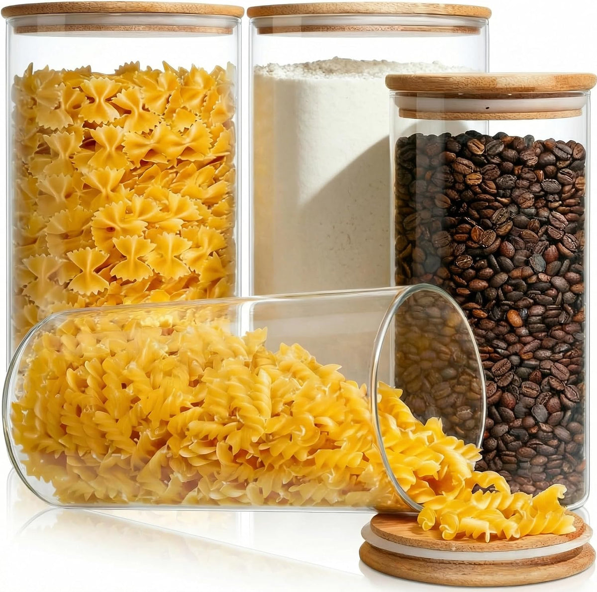 Large Glass Storage Containers with Bamboo Lids for Flour &amp; Sugar, 4 Pack