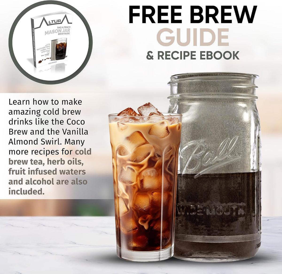 Altura The TUBE Cold Brew Coffee Maker and Tea Infuser for Wide Mouth Mason Jars - Stainless Steel Cold Brew Filter Strainer for Iced Coffee, Fruit Water &amp; More - (32oz/1qt)