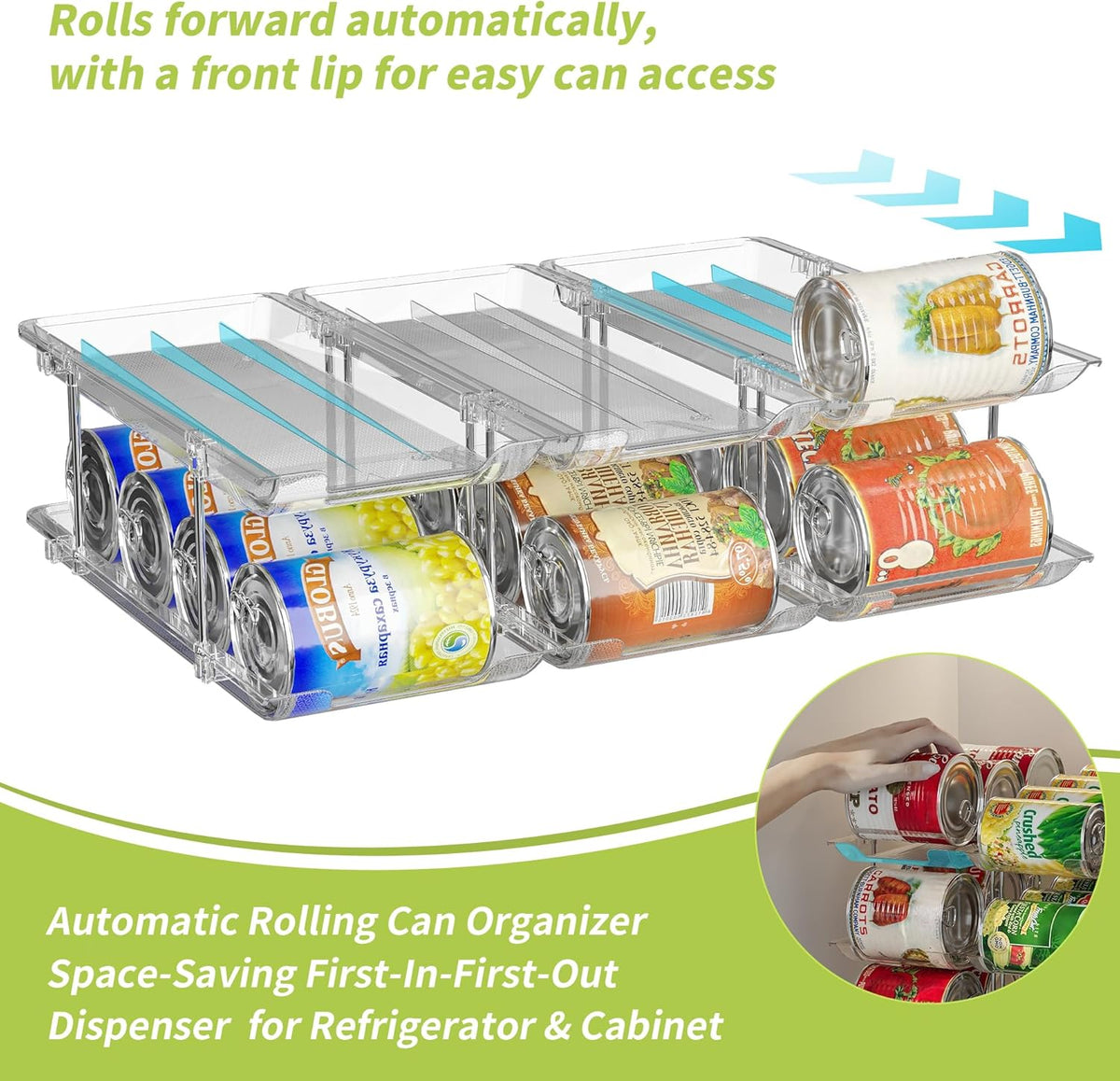 Can Organizer for Pantry Soda Can Organizer Automatic Rolling Food Pantry Storage Rack Can Dispenser for Fridge Holds 24 Cans, Fits 5.8-Inch Soda and Can, Set of 6