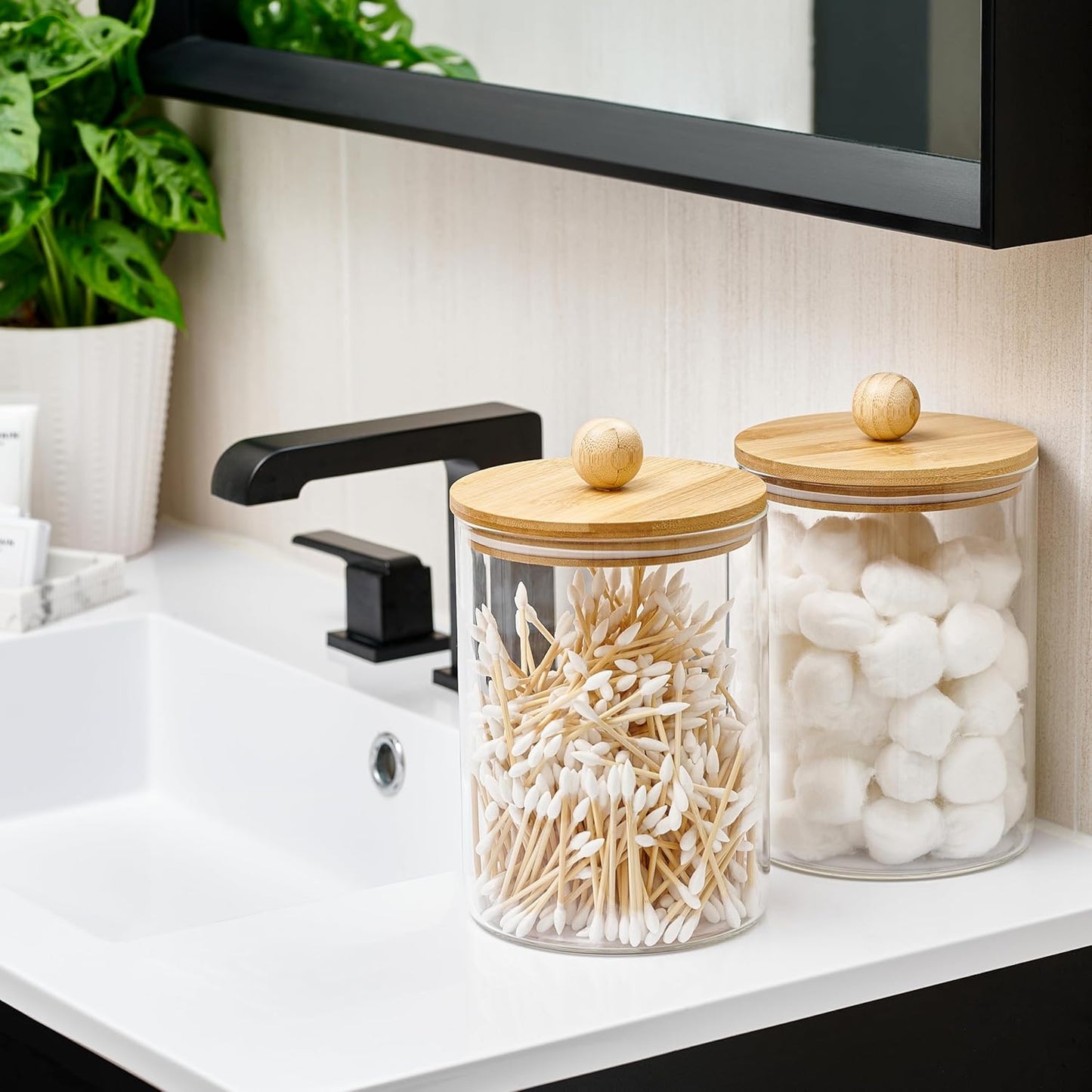 Le'raze Set of 2 Glass Canisters for Kitchen Counter with Airtight Bamboo Lids + Marker &amp; Labels - 68oz. Large Cookie Jars Wooden Lid, Food Storage Containers Pantry, Flour, Sugar, Pasta, Candy.