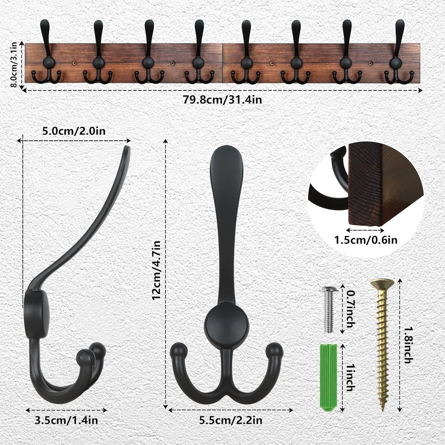 IBosins Wall Mounted Coat Rack, 31.4" Long with 8 Black Rustic Tri-Hooks