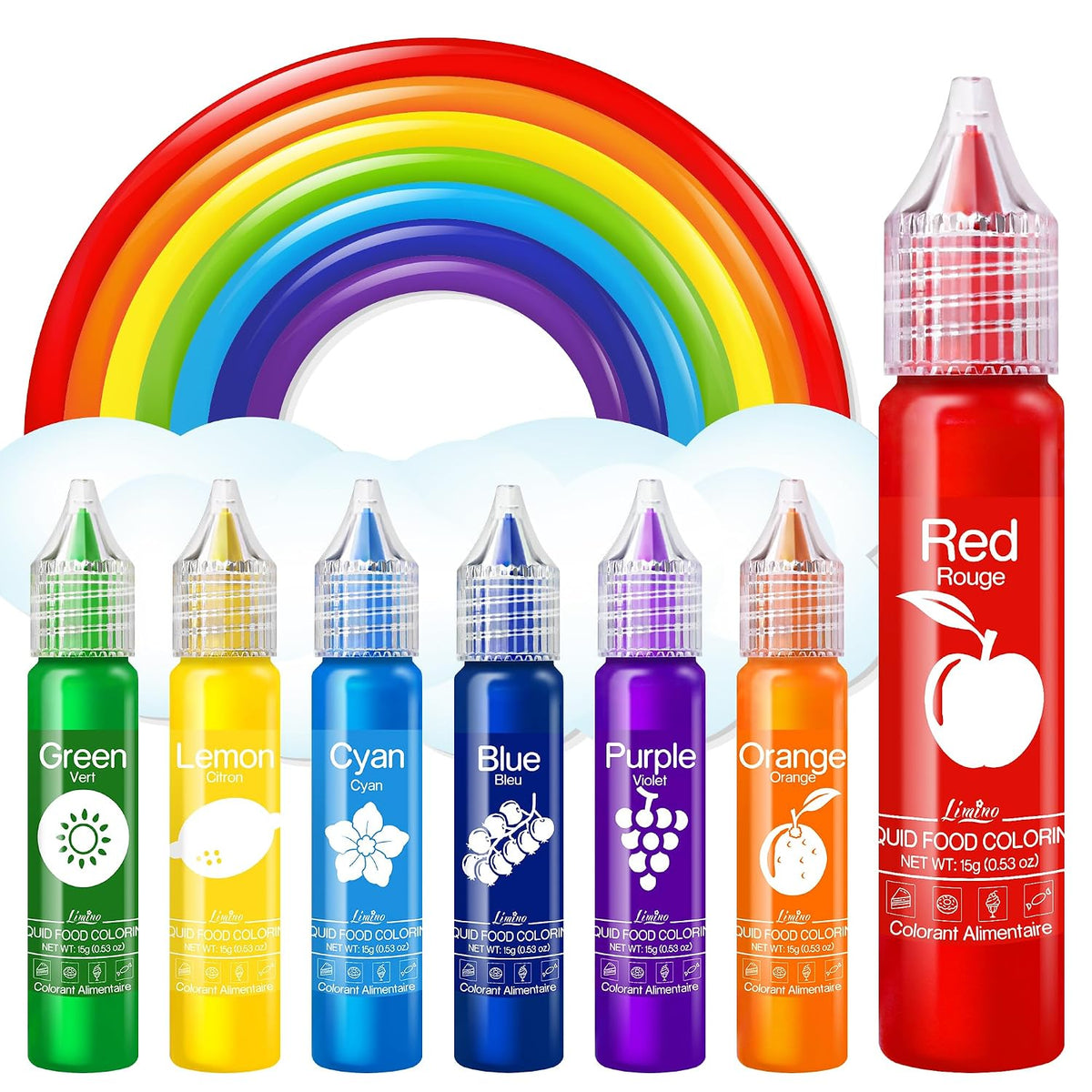 Food Coloring Set - Rainbow Edible Food Color Dye for Baking, Cake Decorating, Royal Icing, Cookie, Fondant and Macaron - 7 x 15g Food Grade Liquid Food Coloring Kit for DIY Slime and Crafts Making