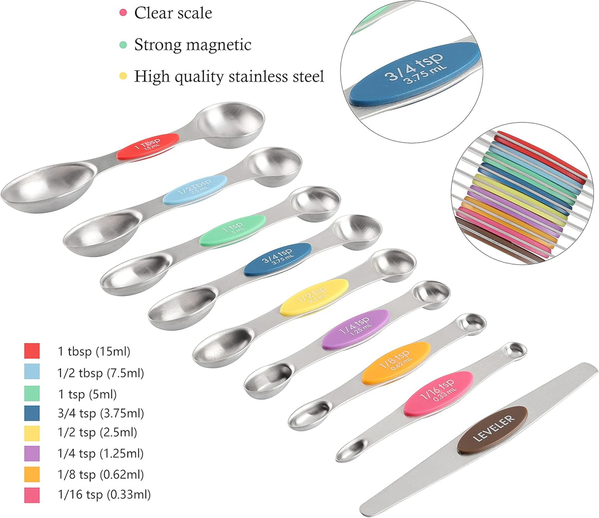 Measuring Cups and Spoons Set Stainless Steel Including 8 Stackable Measuring Cup 8 Double Sided Magnetic Measuring Spoons with 1 Leveler for Dry and Liquid Ingredients