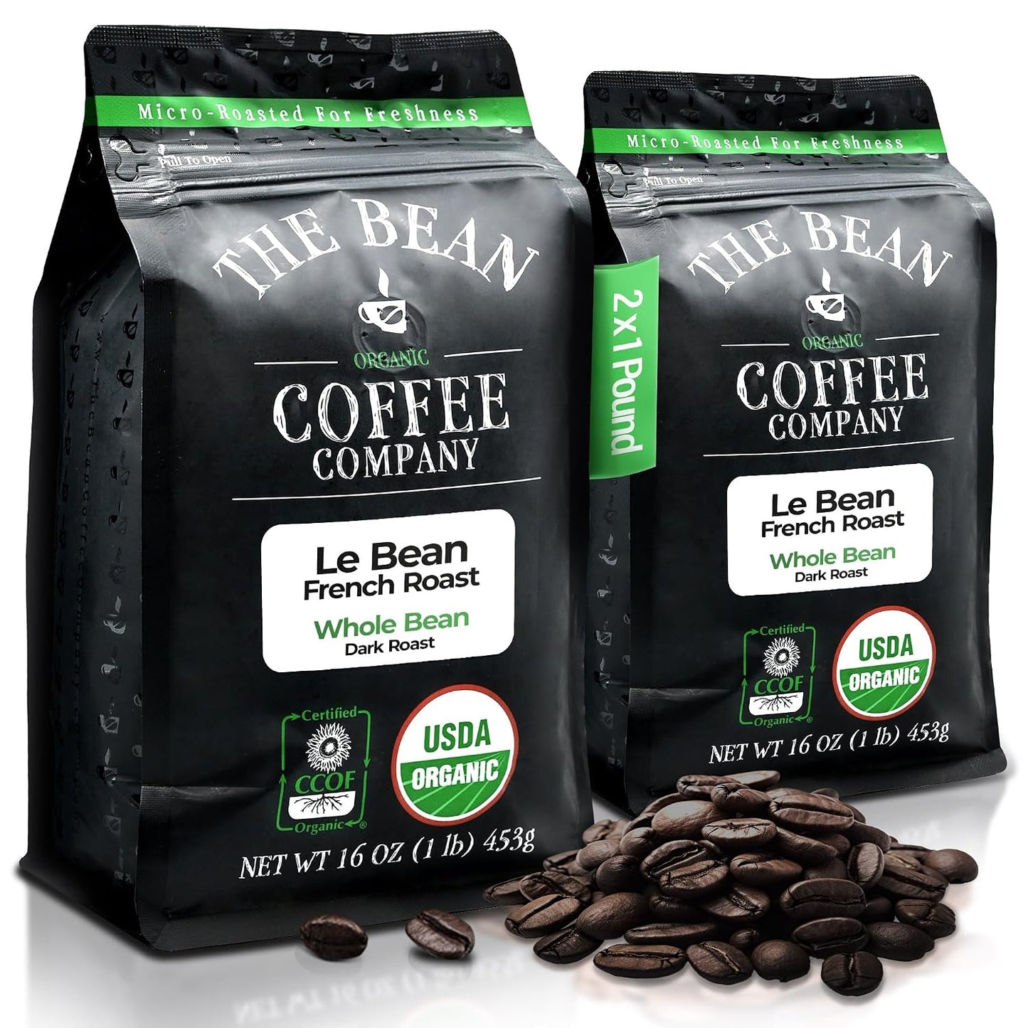 The Bean Organic Coffee Co. Le Bean French Roast, Whole Bean, 2 x 1 lb | Bold, full-bodied dark French roast. Organic coffee beans. 2 x 1 lb.