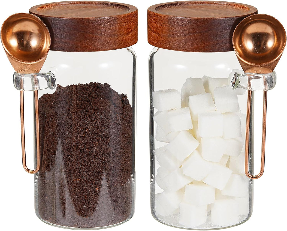 18oz Glass Coffee Jars with Scoop Wood Screw Lid Clear Round Spice Jar Herb Container Sugar Storage Bottle Canister for Seasoning Meal Prep Tea Coffee Ground Bean Salts (2×550ml(18oz)with spoon)