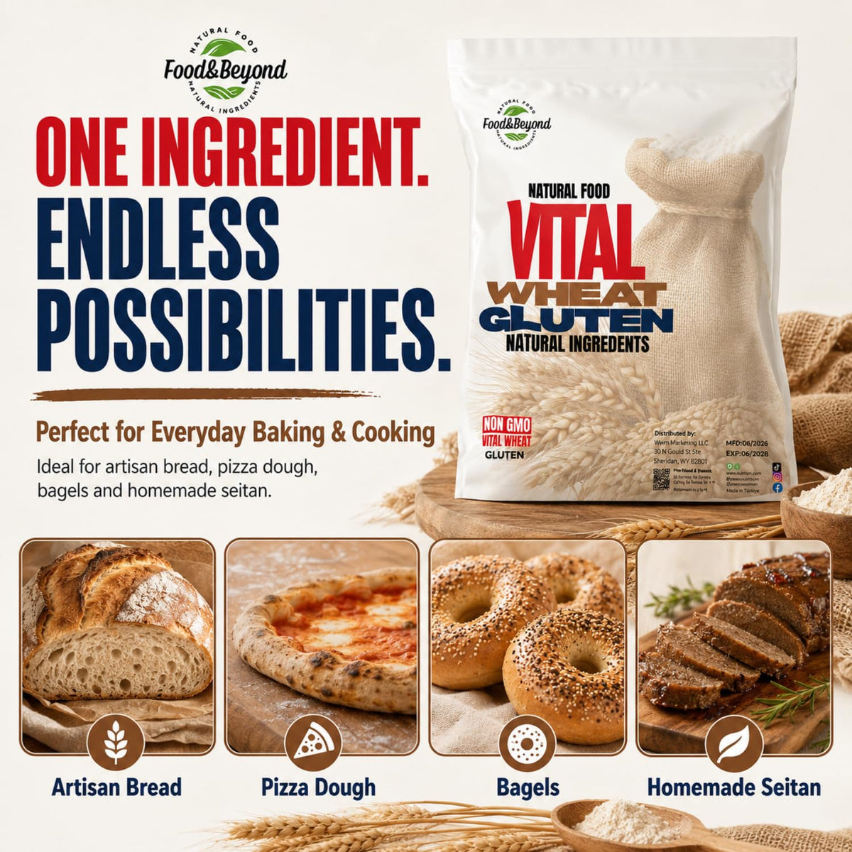 Food &amp; Beyond Vital Wheat Gluten 4 lb | High-Protein Natural Wheat Flour | Premium Quality for Baking, Bread, Pizza Dough &amp; Seitan Recipes