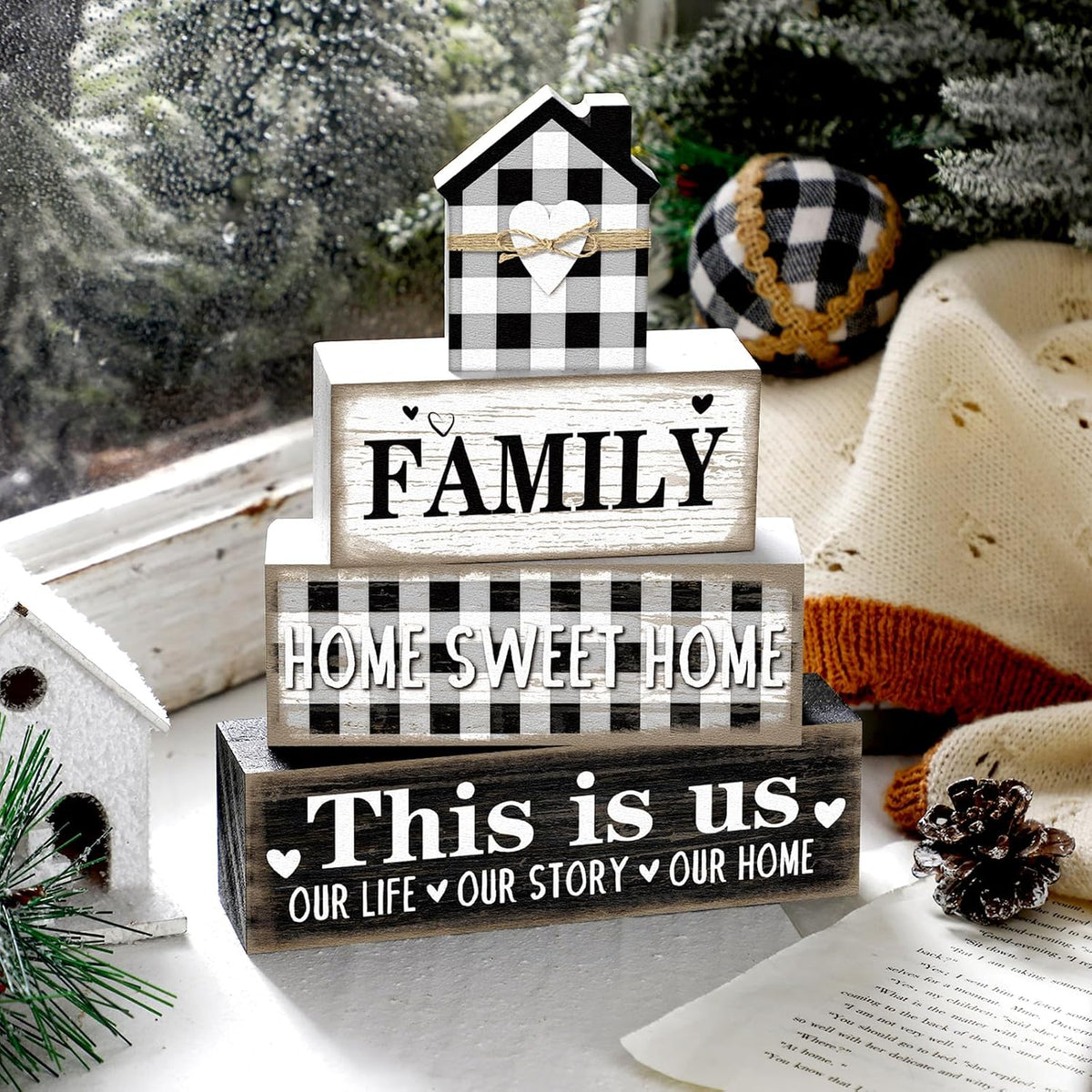 Cinnvoice 4 Pcs Farmhouse Table Decoration Rustic Sign Block,Buffalo Plaid | Home Sweet Home Sign, This Is Us Tabletop Centerpiece, black and White Farmhouse Decor for Home Indoor Kitchen Office Shelf