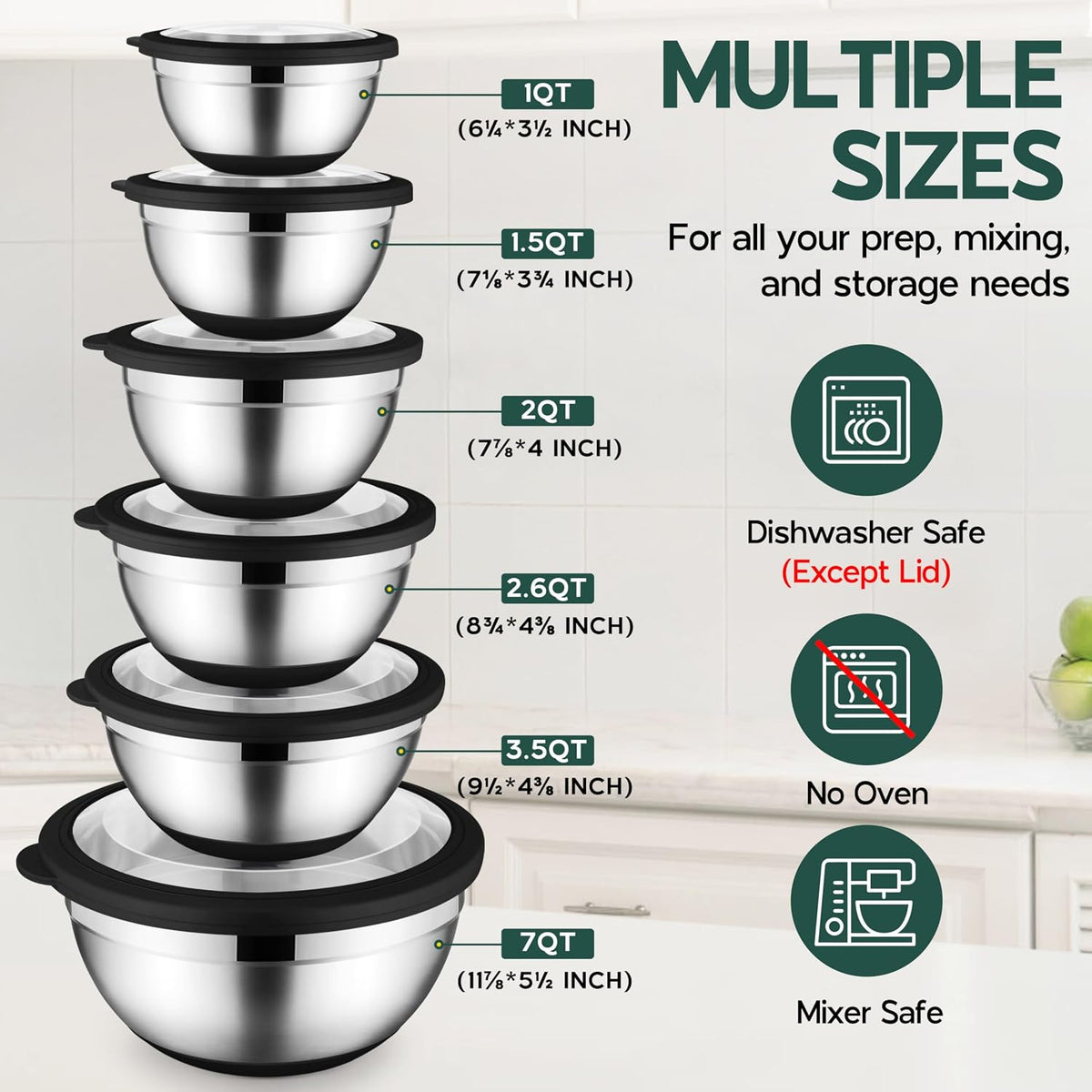 Onader Mixing Bowls with Lids Set of 6 for Kitchen, Stainless Steel Metal Nesting Bowls with Non-Slip Bottom Black - Size 1, 1.5, 2, 2.6, 3.5, 7QT