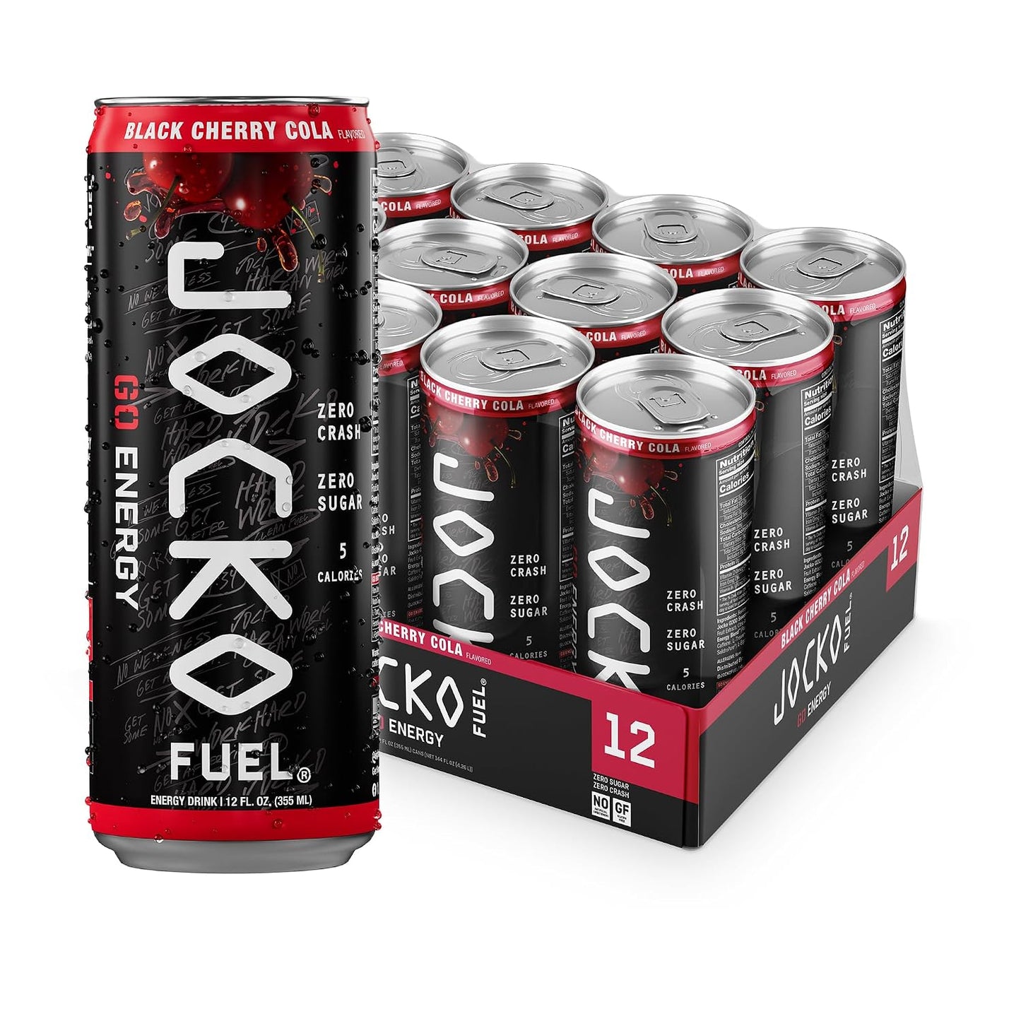 Jocko Fuel GO Energy Drinks, Black Cherry Cola, 12 oz | 12 Pack | 95mg Clean, No Crash Natural Caffeine | No Sugar, Jitter Free | L-Theanine &amp; Adaptogens Lift Mood, Focus &amp; Endurance
